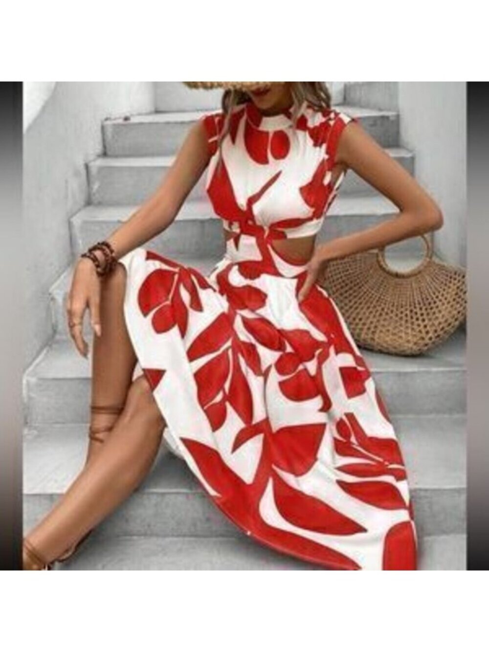 Boho plants print cutout sides midi dress - Picture 3 of 3